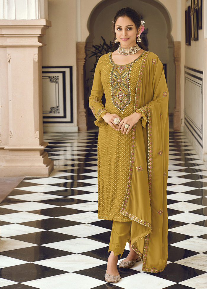 3 Pc Yellow Semi Stitched Georgette Suit Set Sale Best Seller