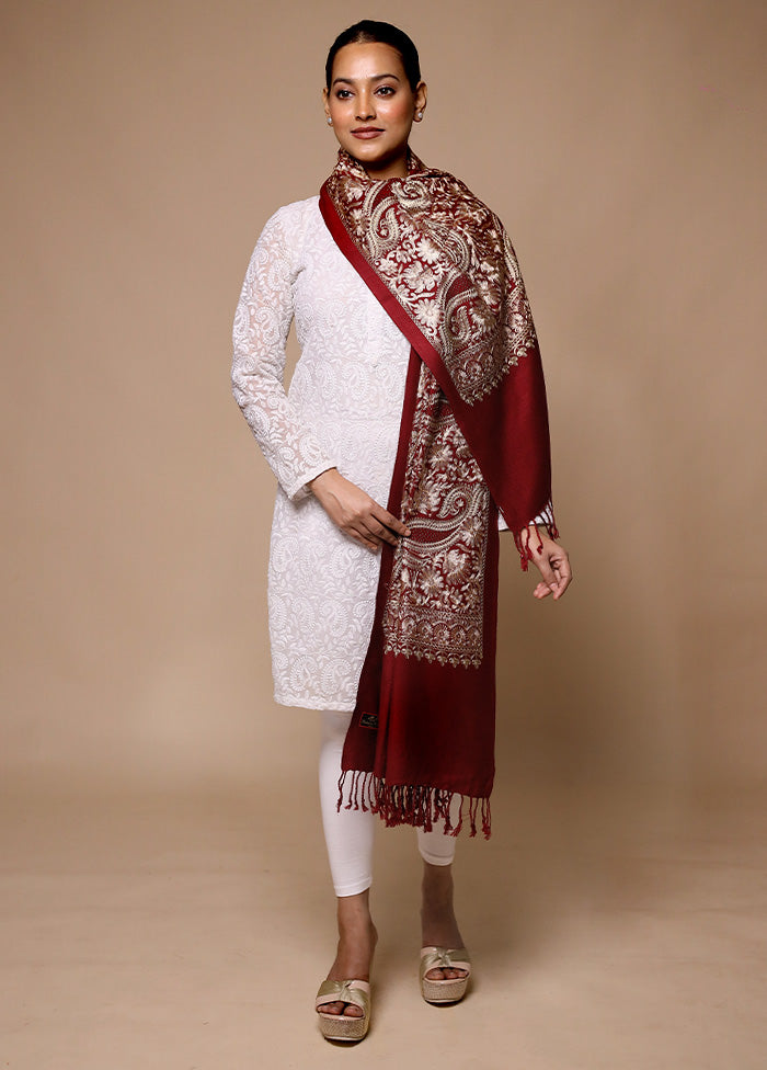 Maroon Butta Work With Zari Woven Border Shawl Buy Cheap Low Cost