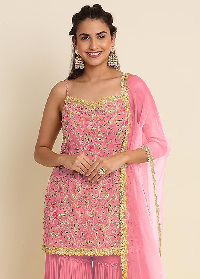 3 Pc Pink Semi Stitched Georgette Suit Set Cheap Excellent