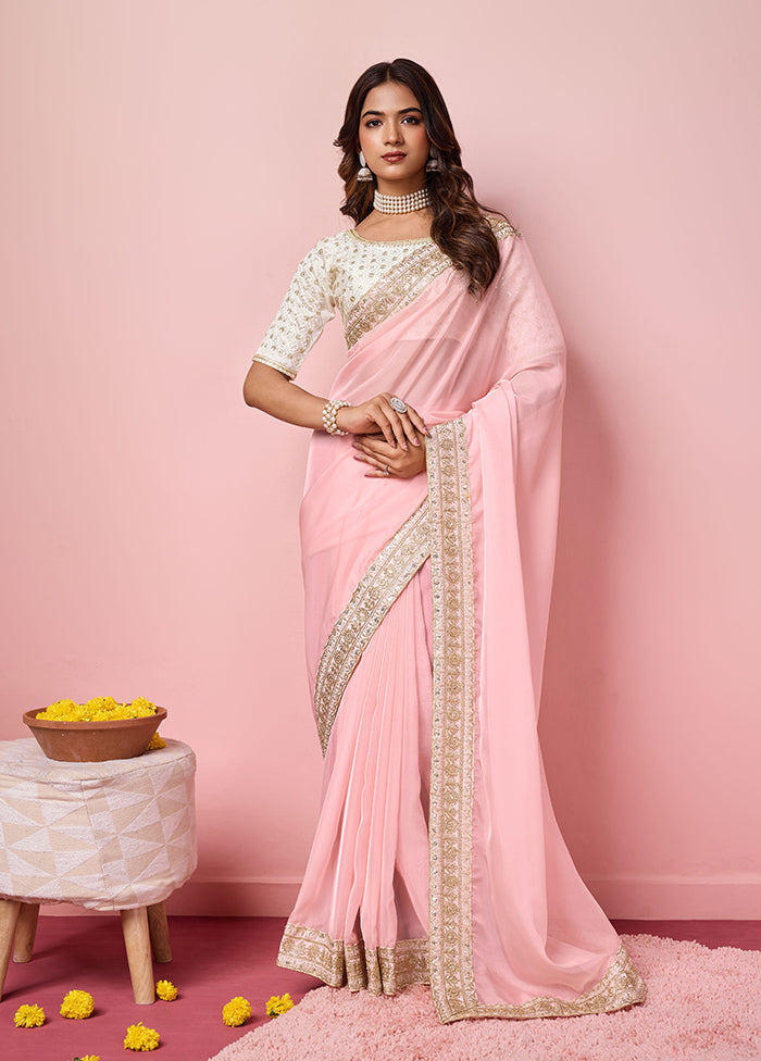 Rose Pink Organza Saree With Blouse Piece Cheap Sale Many Kinds Of