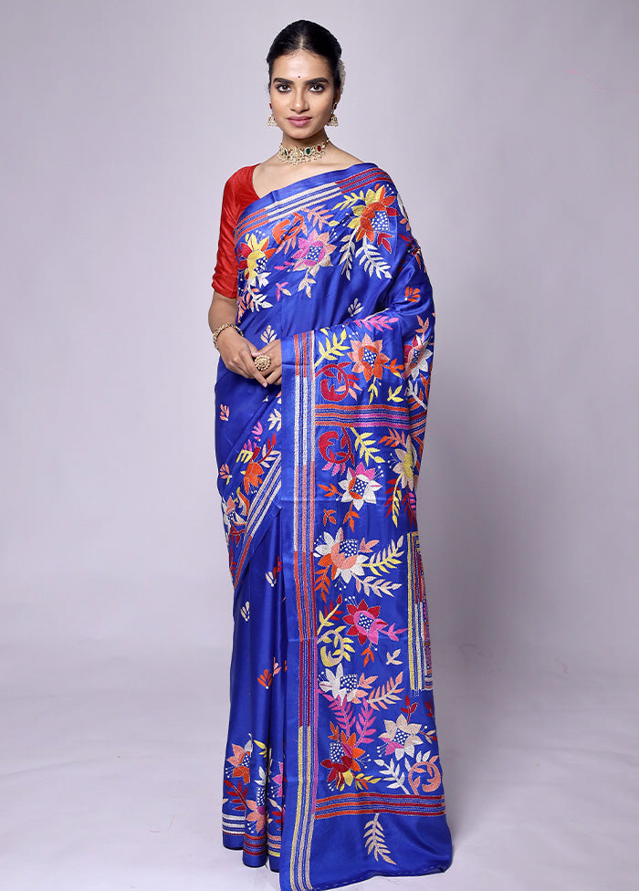 Blue Kantha Stitch Silk Saree With Blouse Piece Tumblr Online