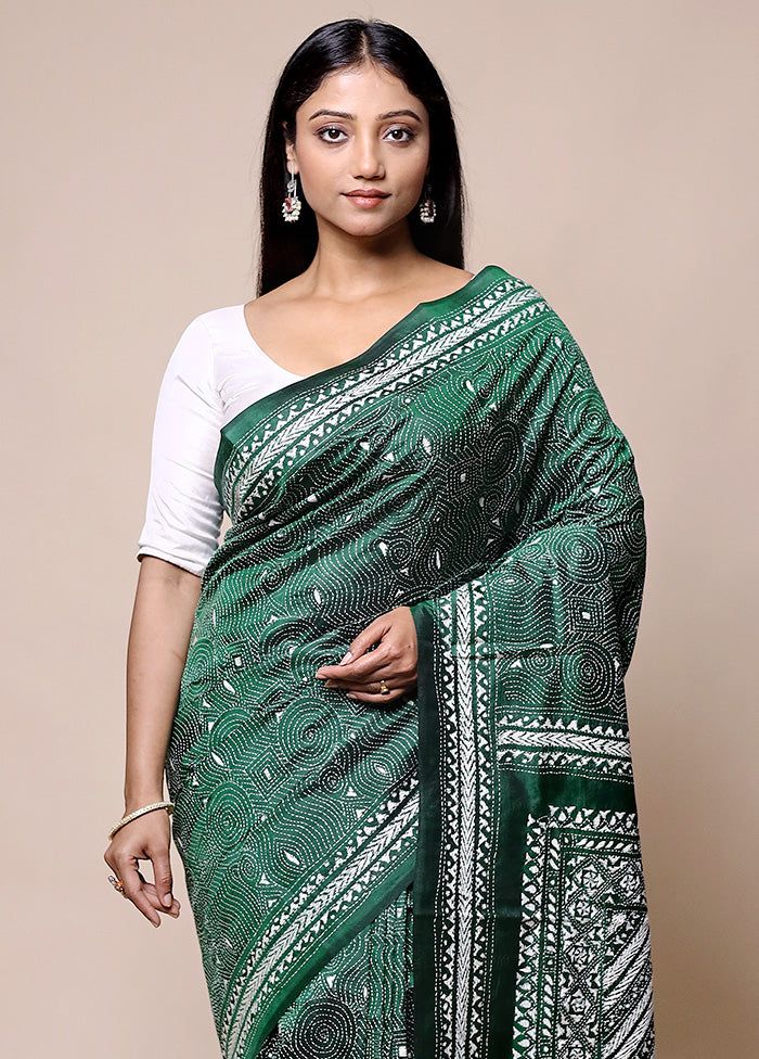 Green Handloom Kantha Stitch Pure Silk Saree With Blouse Piece Big Discount Online