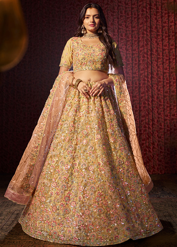 3 Pc Yellow Net Semi Stitched Lehenga Set Clearance With Credit Card