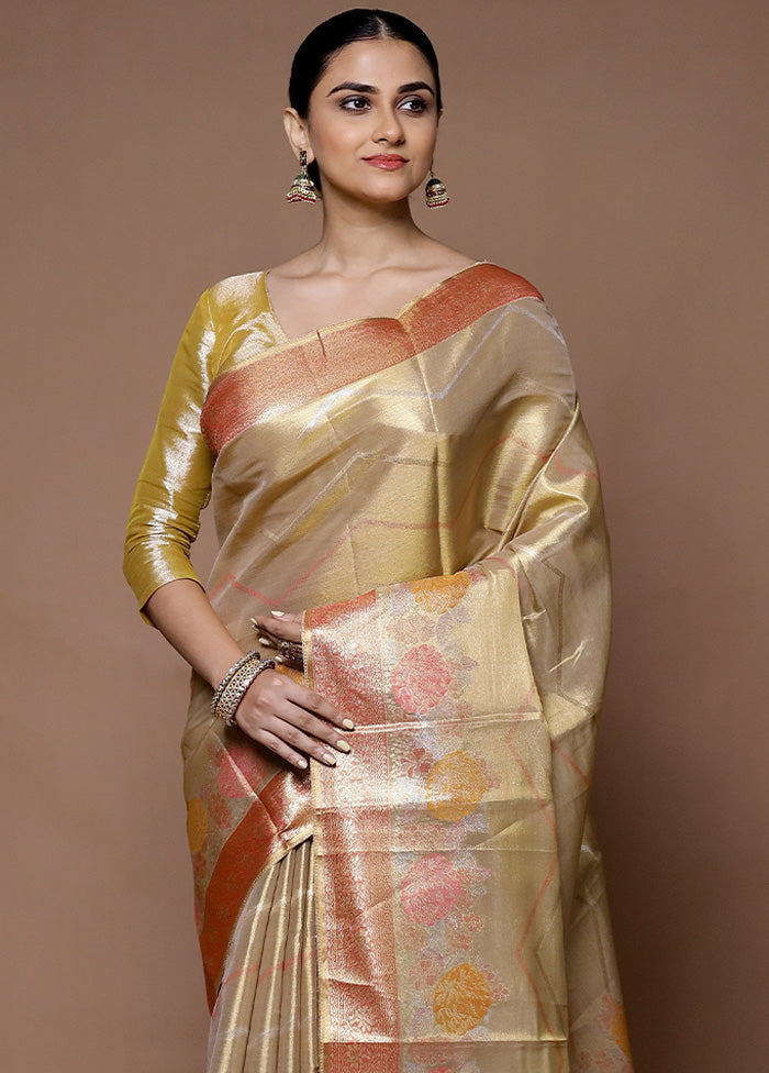 Golden Tissue Silk Saree With Blouse Piece Low Pice Fee Shipping For Sale