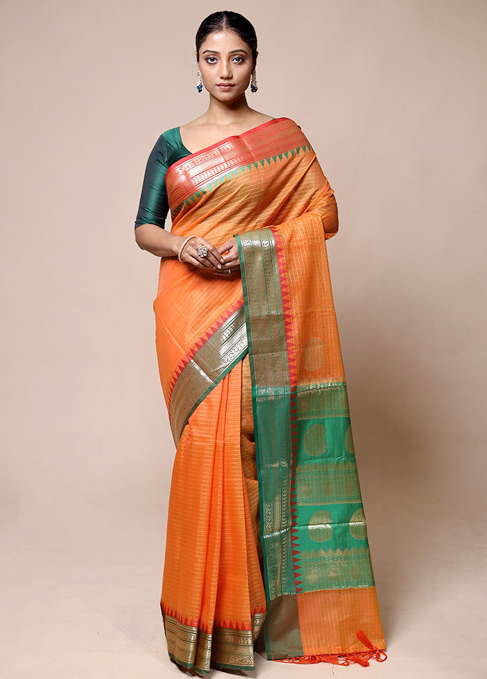 Orange Kota Cotton Saree With Blouse Piece Fast Delivery Online