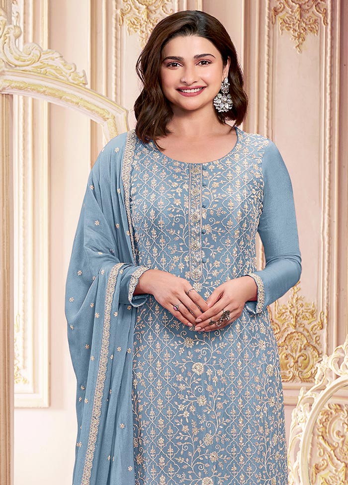 3 Pc Sky Blue Semi Stitched Georgette Suit Set High Quality Cheap Pice