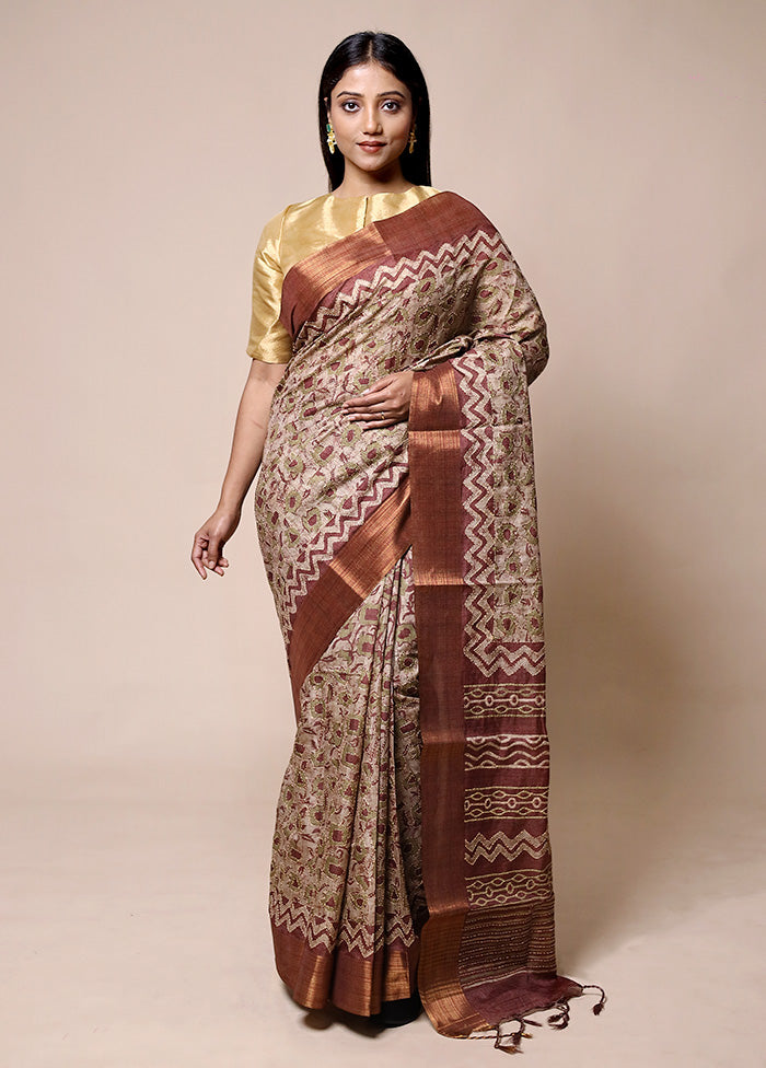 Beige Tussar Silk Saree With Blouse Piece Free Shipping 100% Guaranteed