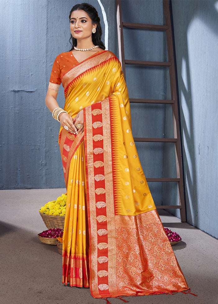 Yellow Dupion Silk Saree With Blouse Piece Sale Lowest Pice