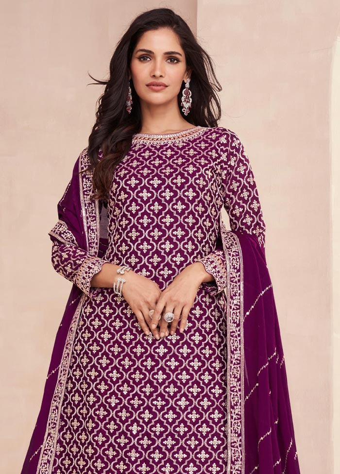 3 Pc Magenta Semi Stitched Silk Suit Set For Sale Free Shipping