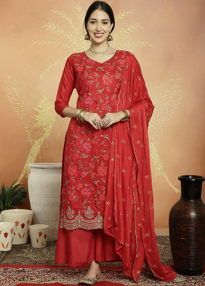 3 Pc Red Unstitched Silk Suit Set With Mastercard For Sale