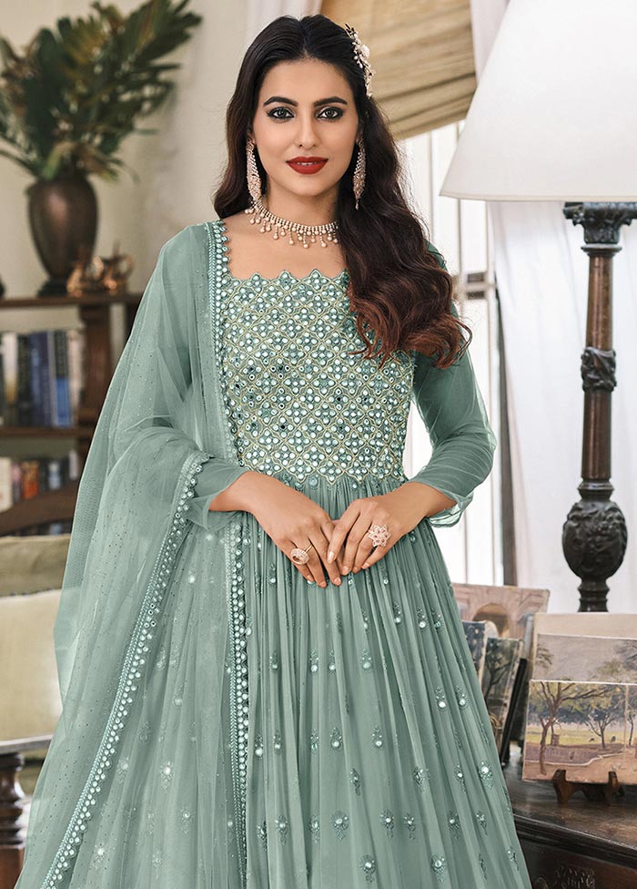 3 Pc Sea Green Semi Stitched Georgette Suit Set Authentic For Sale