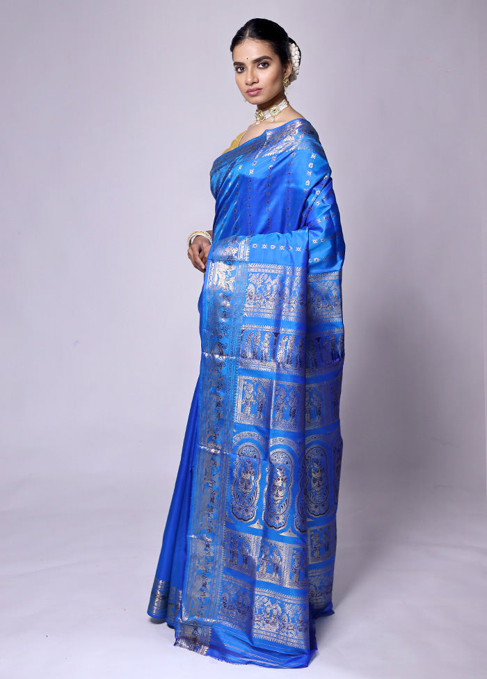 Blue Handloom Baluchari Pure Silk Saree With Blouse Piece Free Shipping Manchester