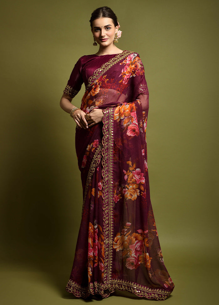 Wine Chiffon Silk Saree With Blouse Piece In China Cheap Pice