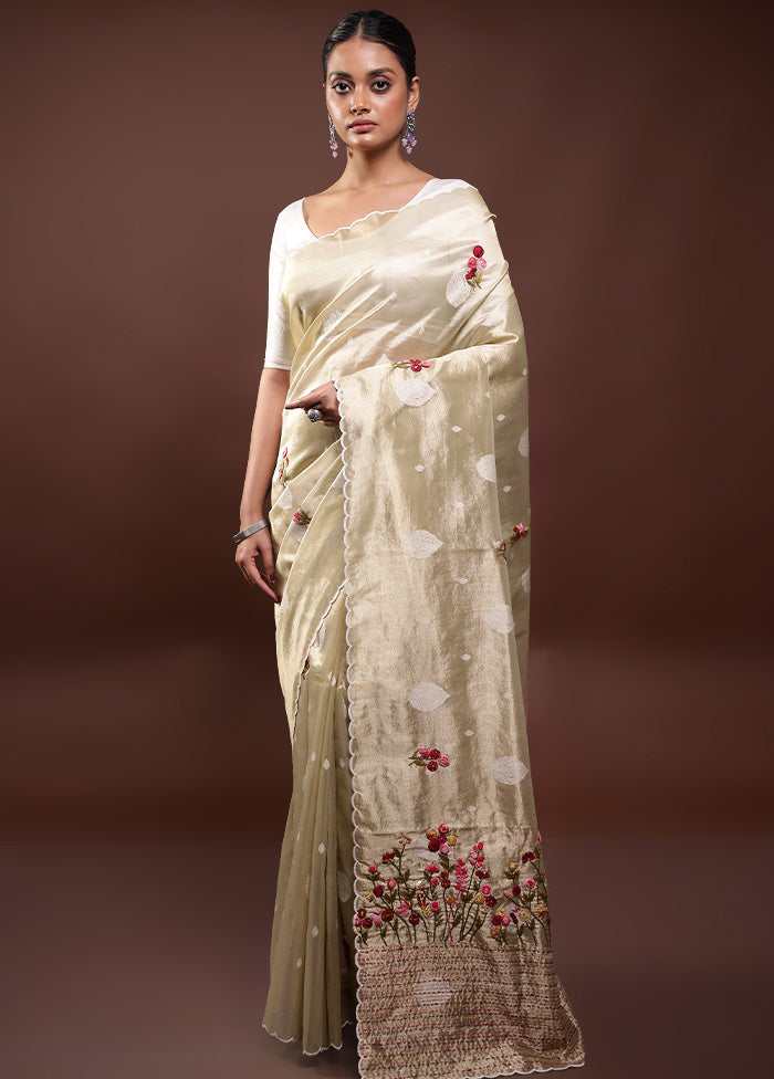 Cream Tissue Silk Saree With Blouse Piece Online Online Original