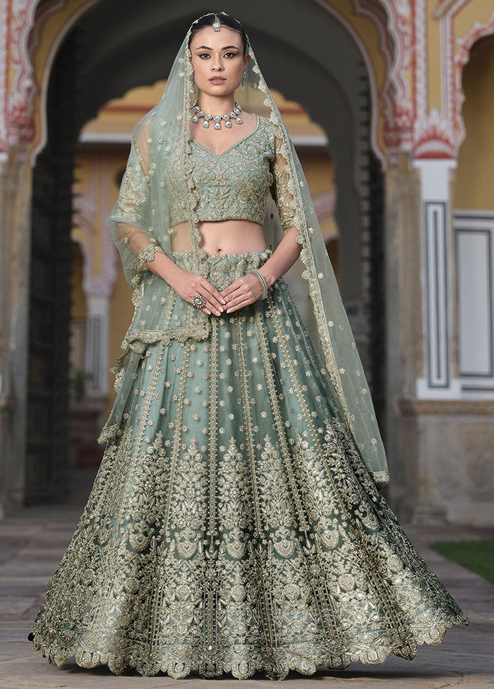 3 Pc Pista Green Net Semi Stitched Lehenga Set Free Shipping Deals