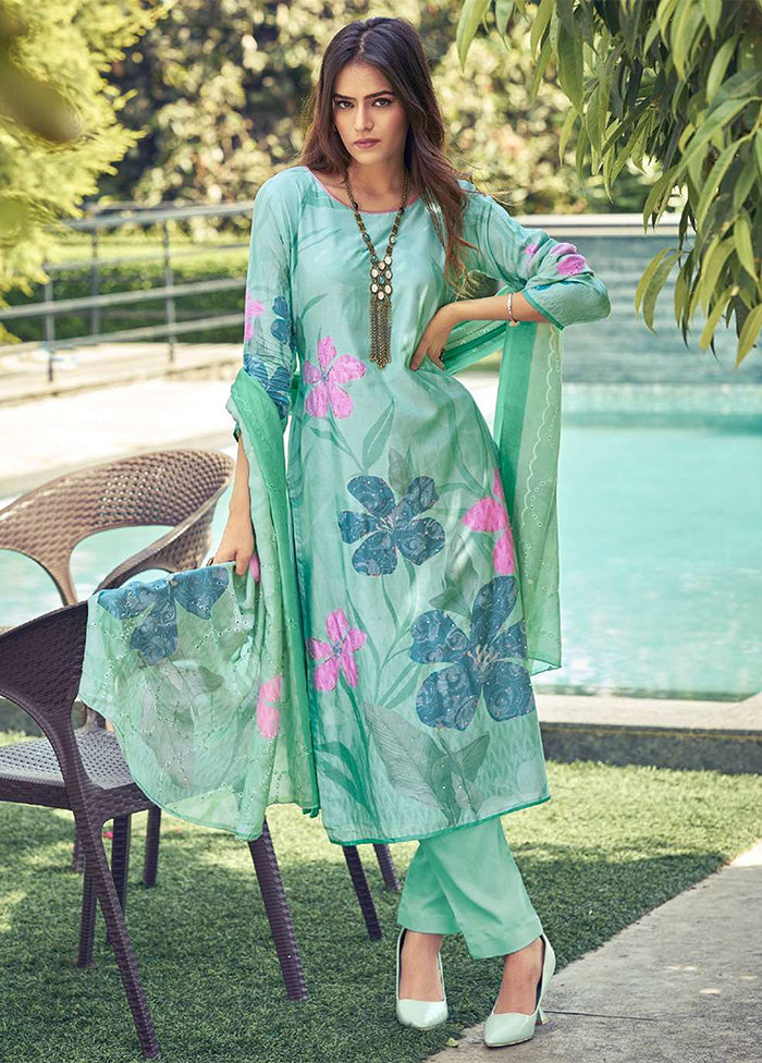 3 Pc Green Semi Stitched Silk Dupatta Suit Set Shop Offer Cheap Online