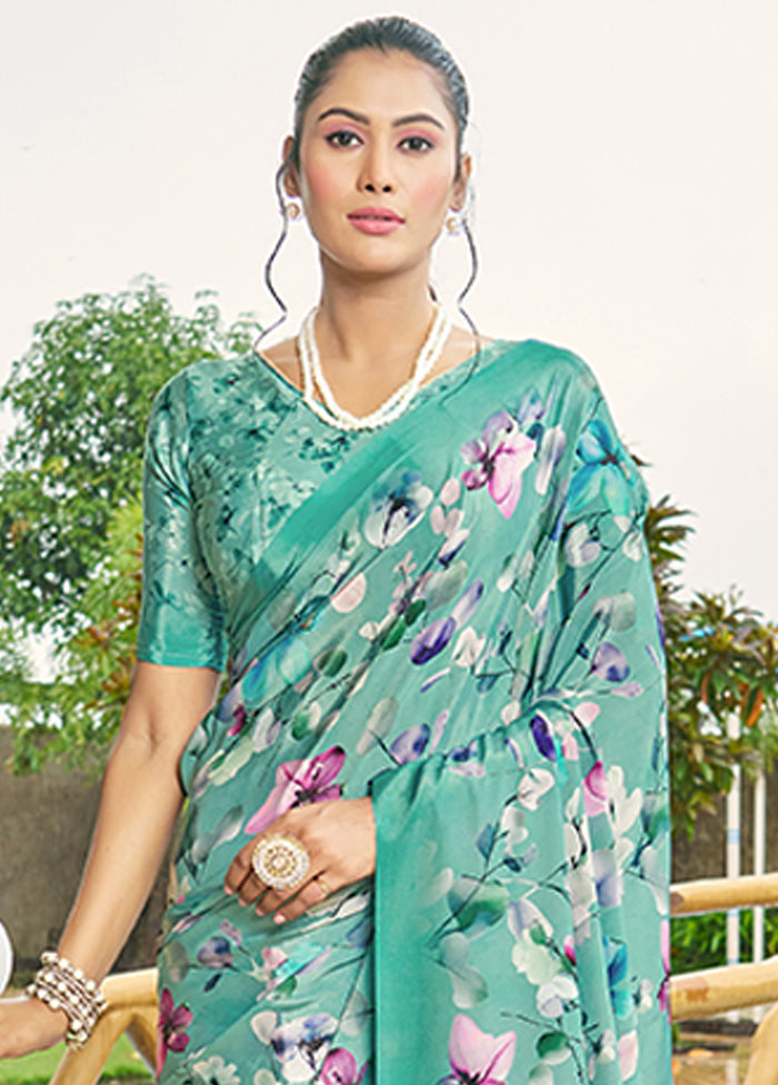 Turquoise Crepe Silk Saree With Blouse Piece Cost Cheap Online