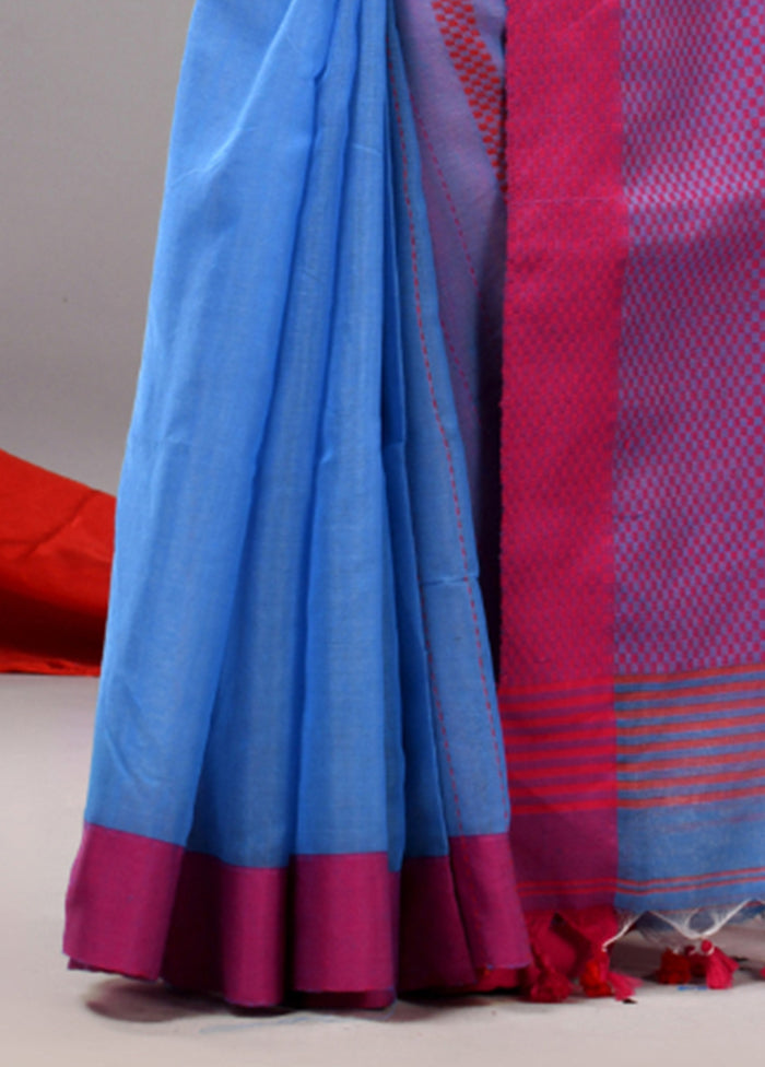 Sky Blue Cotton Saree With Blouse Piece For Sale Free Shipping