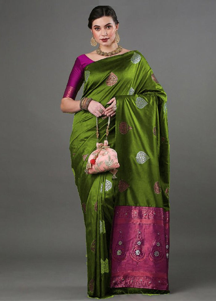 Olive Green Banarasi Silk Saree With Blouse Piece 100% Original