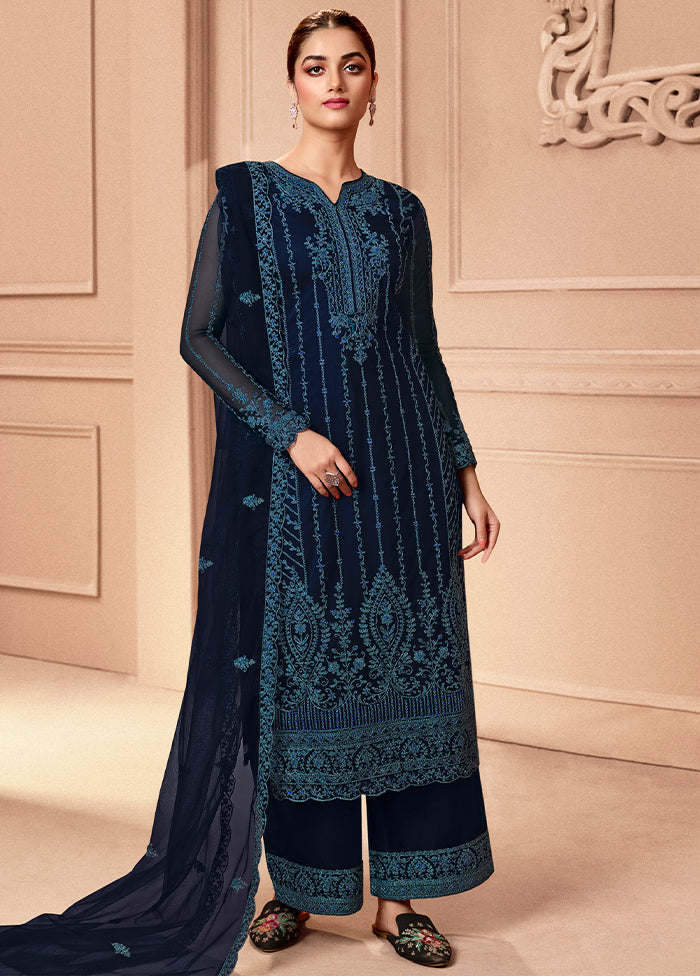 3 Pc Navy Blue Unstitched Net Suit Set Online Shop From China