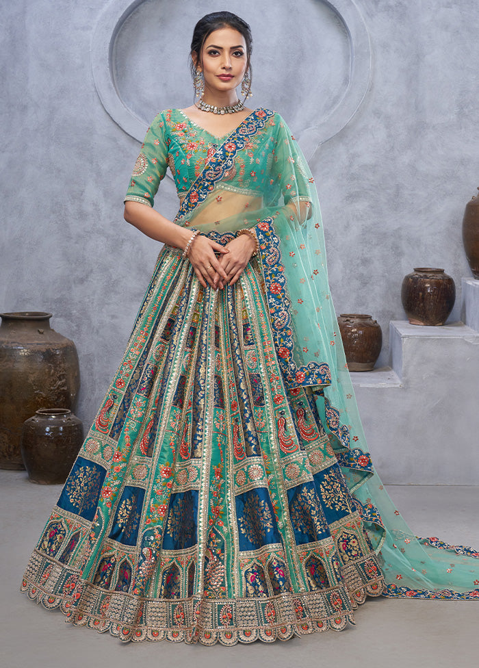 3 Pc Green Silk Semi Stitched Lehenga Set Enjoy Online