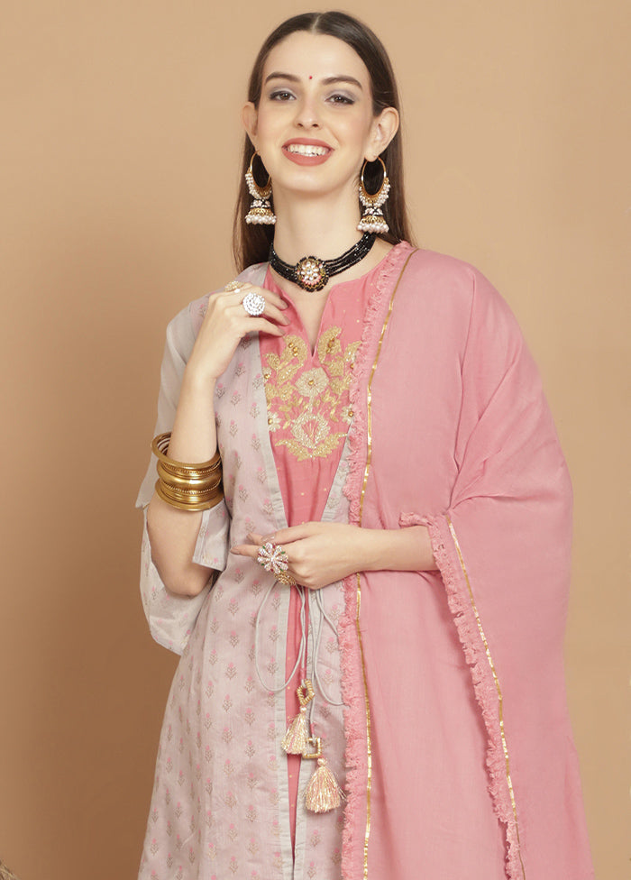 3 Pc Grey Unstitched Chanderi Suit Set Low Cost Online