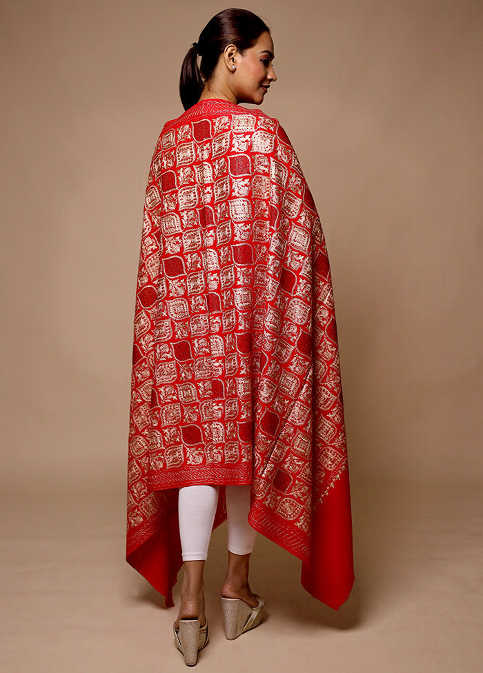 Red Butta Work With Zari Woven Border Shawl Discount Recommend