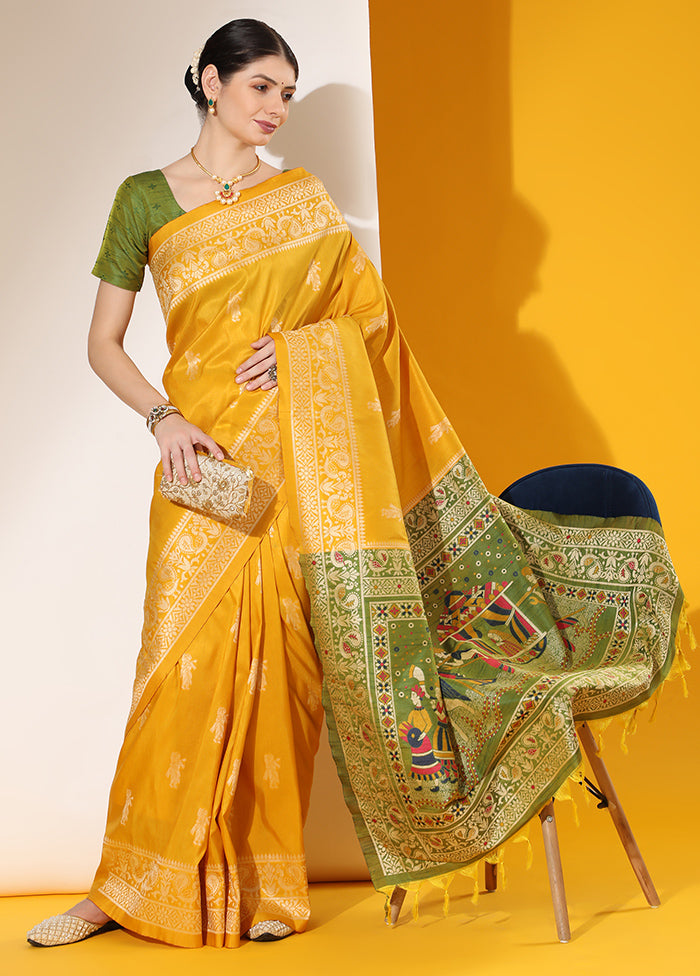 Yellow Spun Silk Saree With Blouse Piece Cheap Sale Comfortable