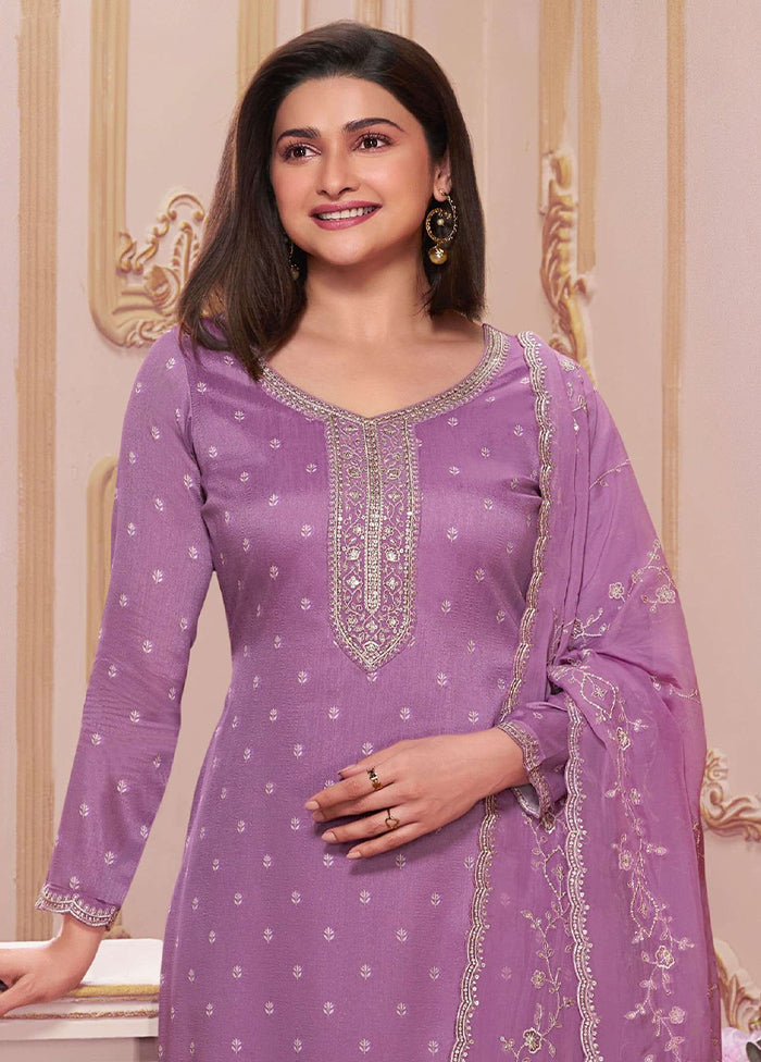 3 Pc Purple Semi Stitched Georgette Suit Set Big Discount Cheap Pice