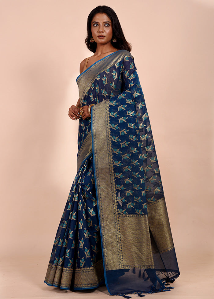 Blue Kora Silk Saree With Blouse Piece Sale Cheap Online