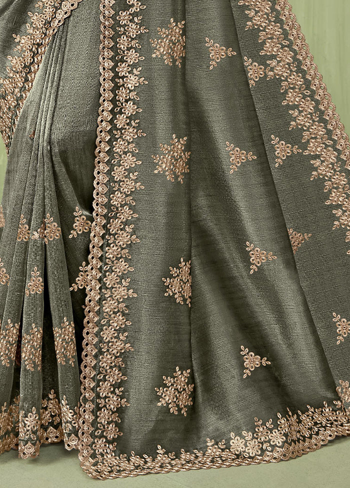 Grey Spun Silk Saree With Blouse Piece Cheap Sale Low Cost