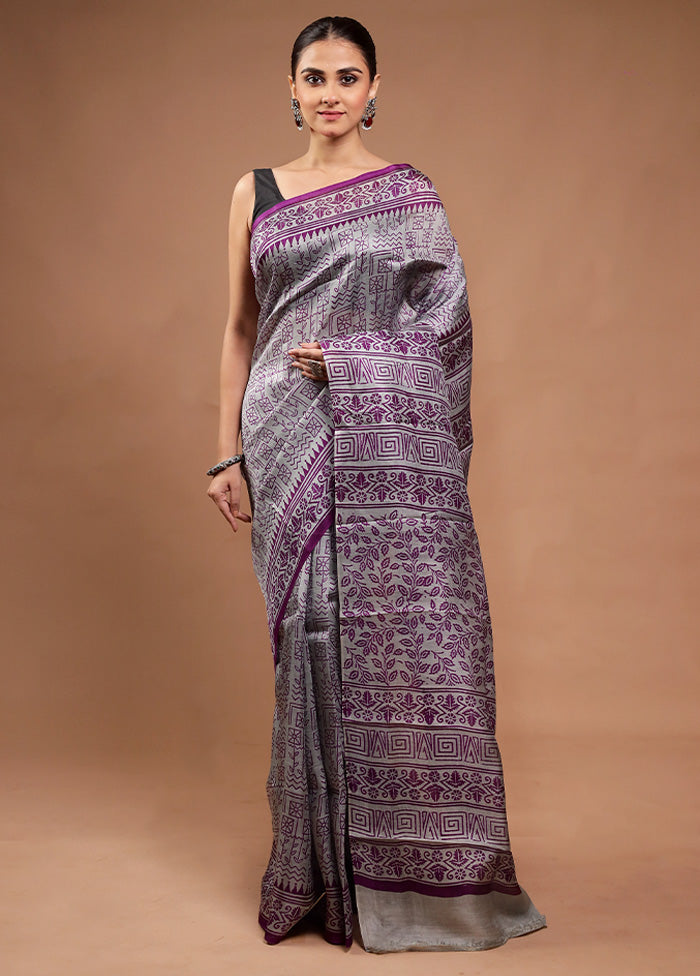 Grey Printed Pure Silk Saree Without Blouse Piece For Cheap Online