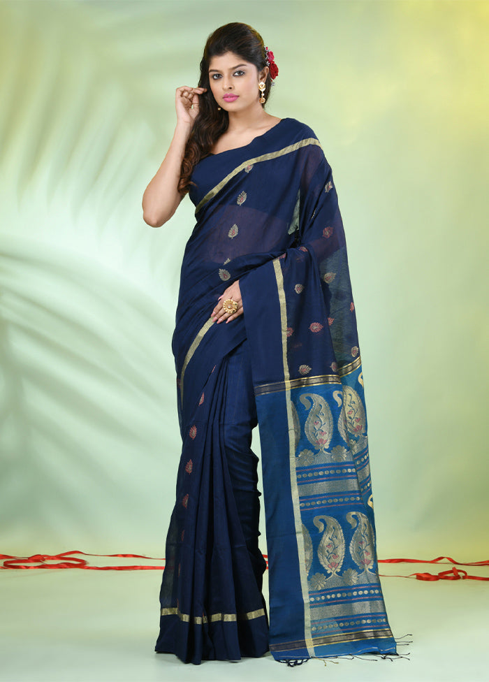 Navy Blue Pure Cotton Saree With Blouse Piece Outlet New Arrival