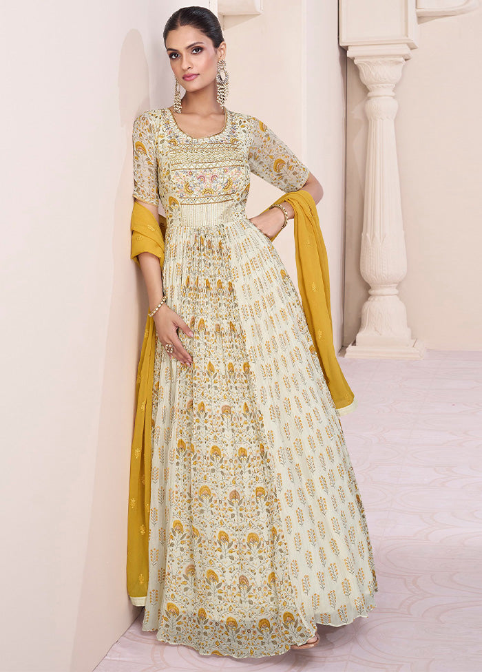 3 Pc Off White Semi Stitched Georgette Suit Set Official Site