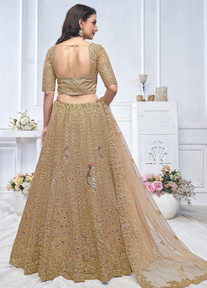 3 Pc Golden Net Semi Stitched Lehenga Set Clearance Fast Delivery