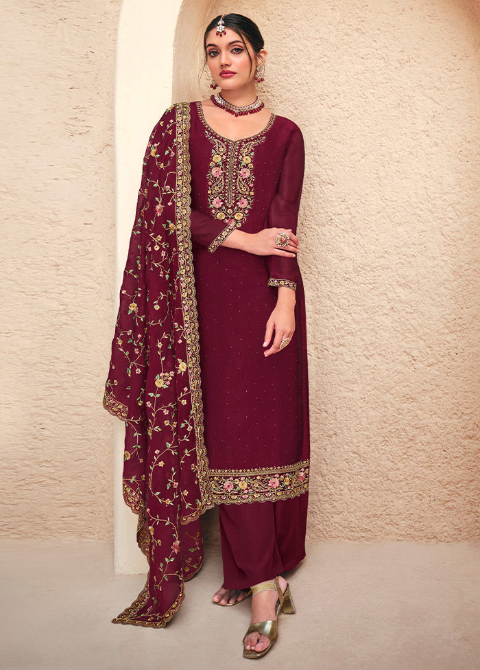 3 Pc Maroon Semi Stitched Georgette Suit Set Cheap Sale Genuine