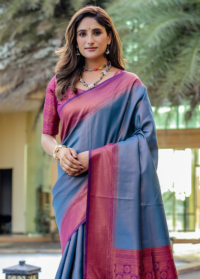 Blue Kanjivaram Silk Saree With Blouse Piece Outlet Marketable