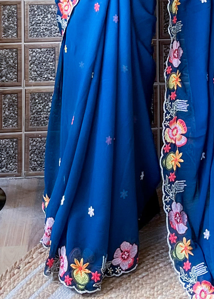 Blue Georgette Saree With Blouse Piece With Credit Card