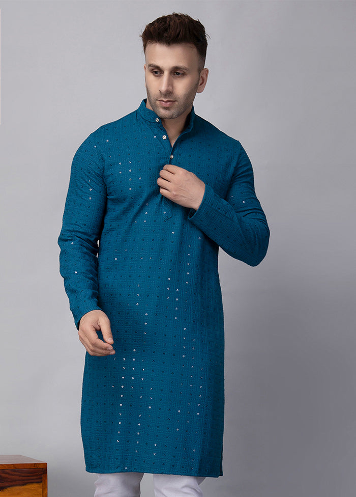 2 Pc Turquoise Dupion Silk Kurta Pajama Set Discount Original