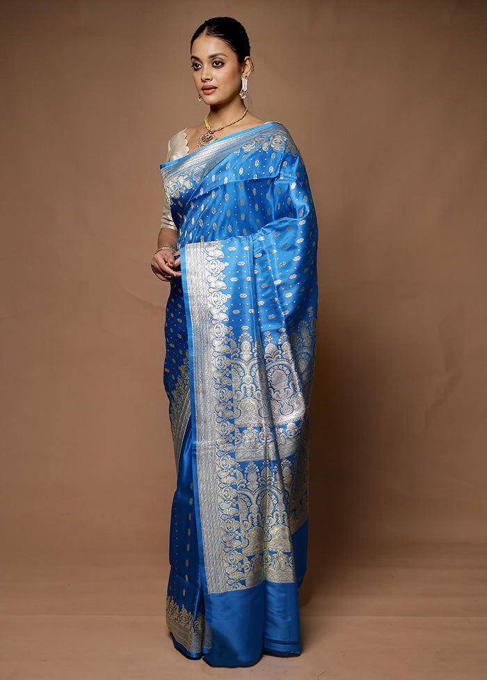 Blue Handloom Banarasi Pure Silk Saree With Blouse Piece On Hot Sale