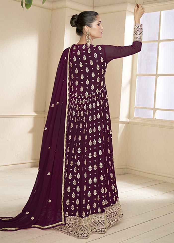 3 Pc Dark Purple Semi Stitched Georgette Suit Set Buy Cheap Explore