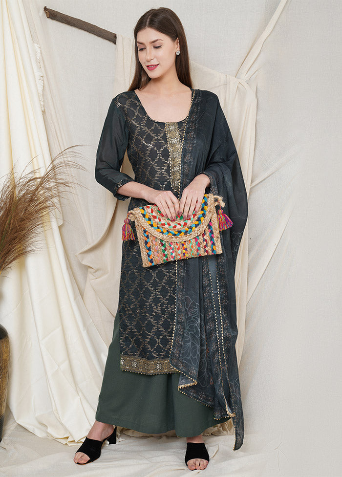 3 Pc Teal Unstitched Silk Suit Set With Paypal Online