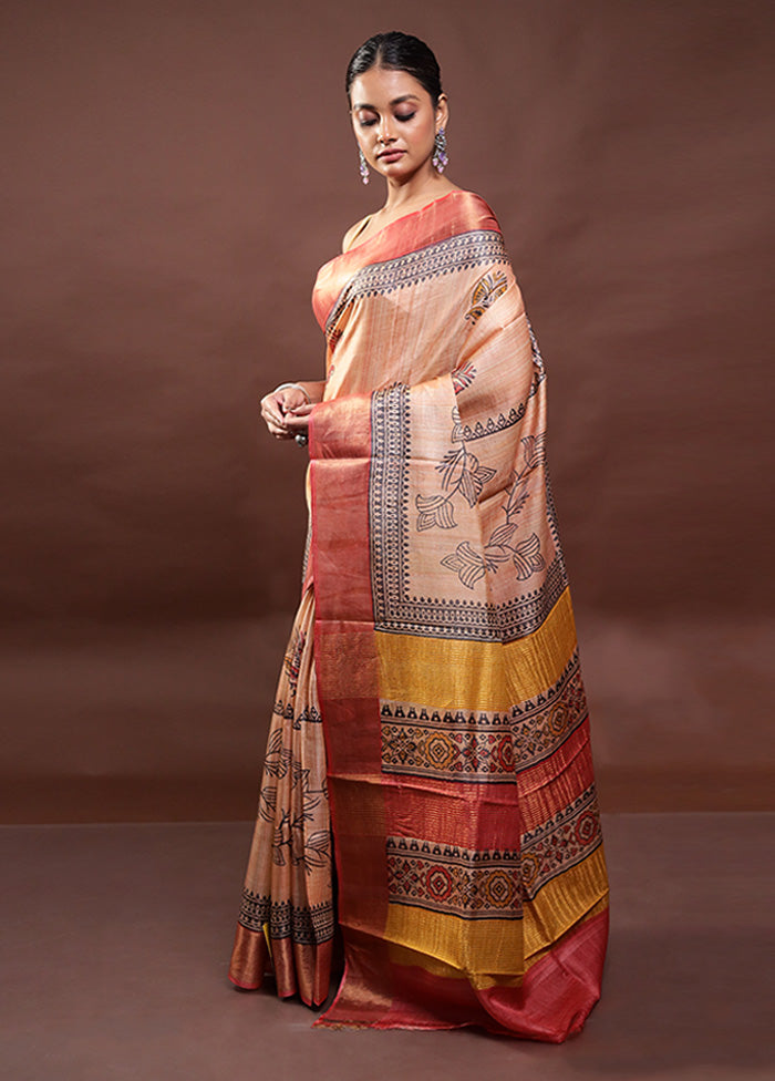 Peach Tussar Silk Saree With Blouse Piece Clearance Low Pice Fee Shipping