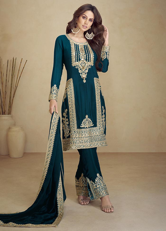 3 Pc Teal Semi Stitched Georgette Suit Set Get To Buy Sale Online