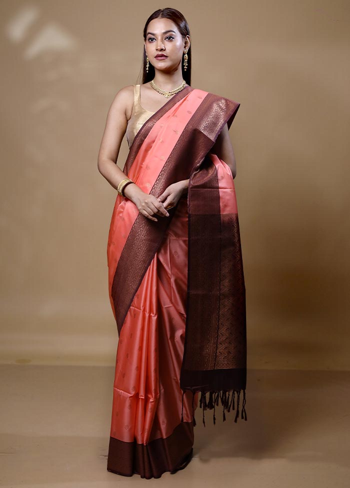 Peach Dupion Silk Saree With Blouse Piece With Paypal Sale Online