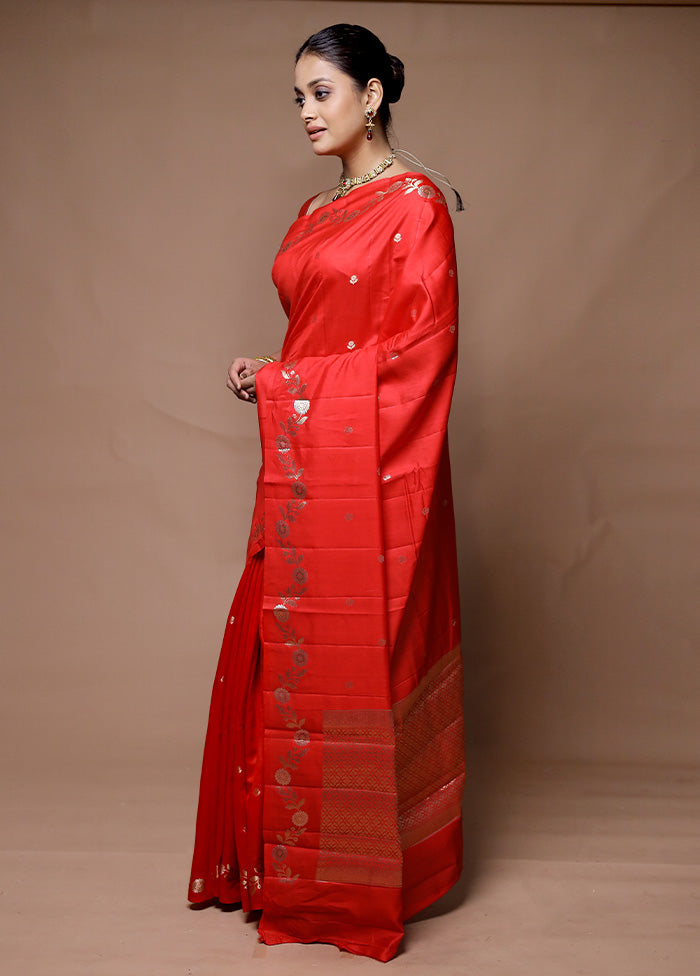 Red Handloom Dupion Pure Silk Saree With Blouse Piece Discount Purchase