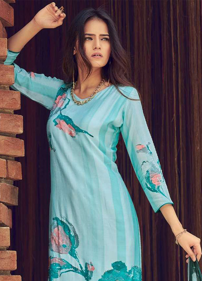 3 Pc Sky Blue Semi Stitched Silk Dupatta Suit Set For Nice Online