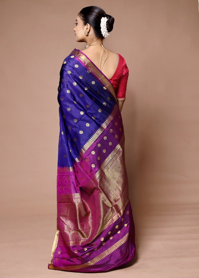 Blue Handloom Kanjivaram Pure Silk Saree With Blouse Piece Sale View