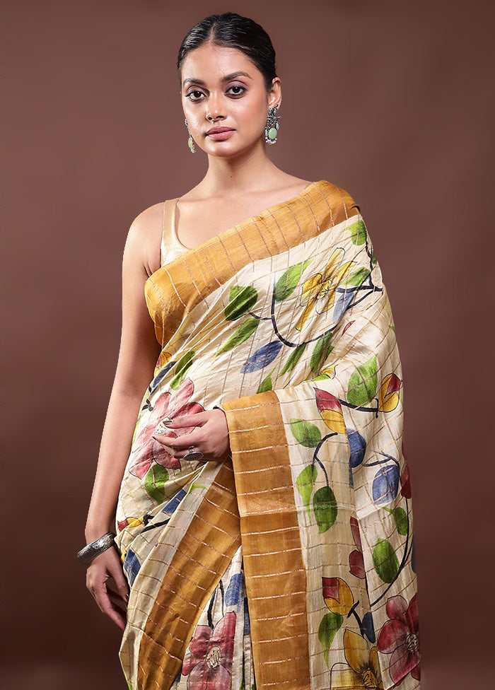 Cream Handloom Tussar Pure Silk Saree With Blouse Piece Buy Sale Online