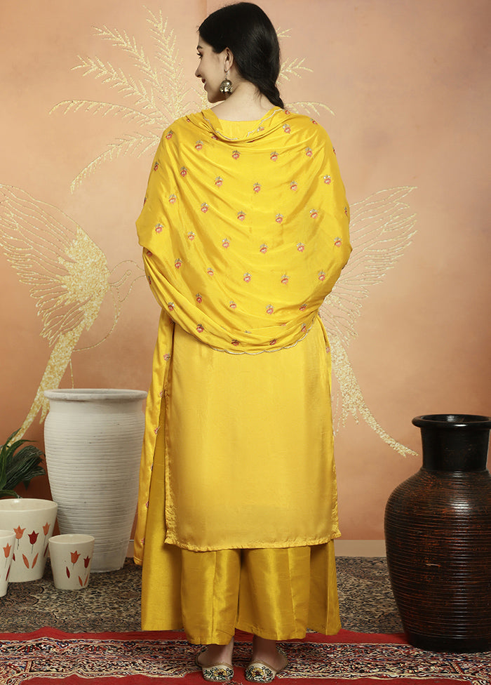 3 Pc Yellow Unstitched Silk Suit Set Release Dates Sale Online